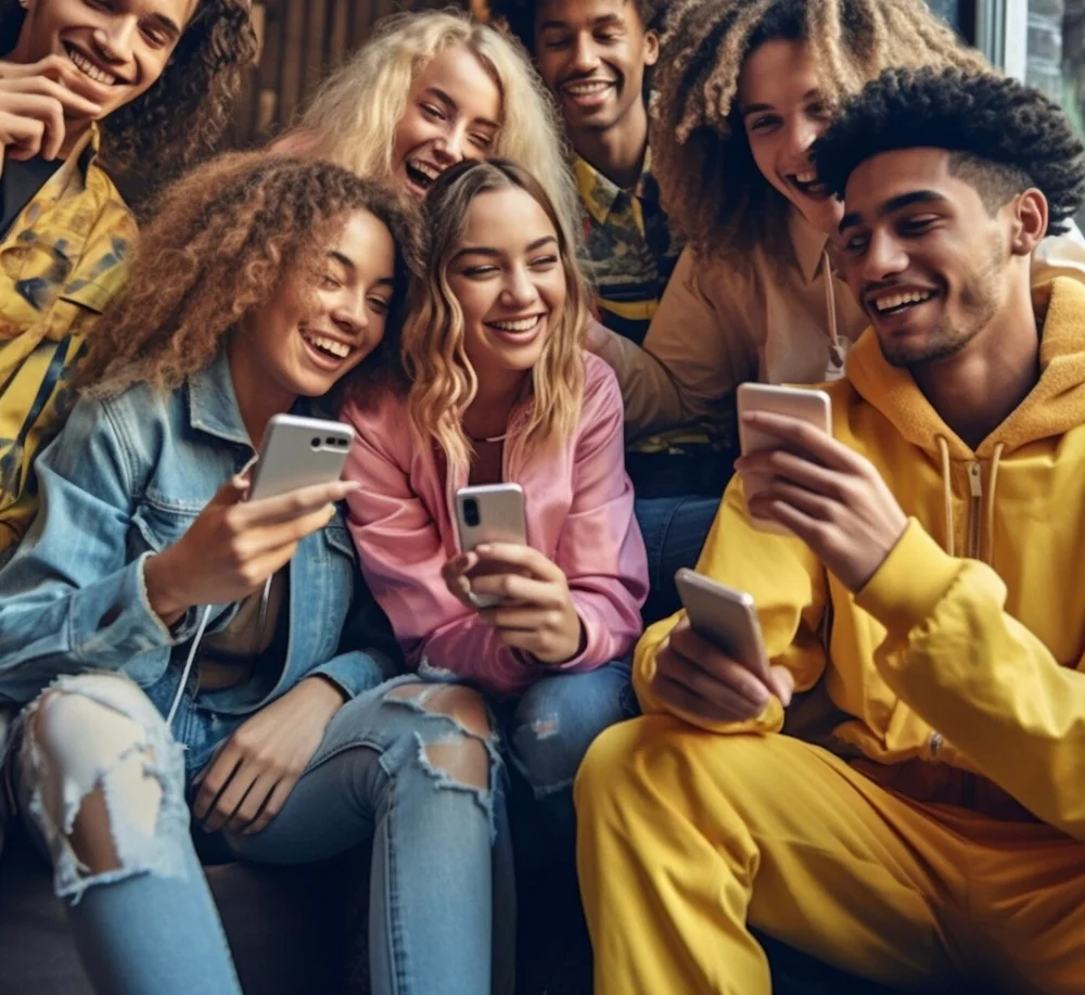 Groupe damis qui regarde leur smartphone
