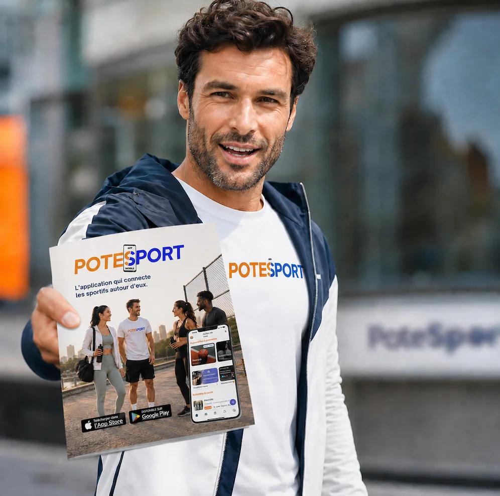 Un homme qui tient dans la main, la nouvelle brochure de l'application Potesport